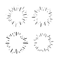 Star burst hand drawn doodles. Sunburst graphic design set. Handmade radial starburst illustrations.