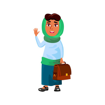 Kind Smiling Arabic Woman Waving To Greet Partner In Street Cartoon Vector. Kind Smiling Arabic Woman Waving To Greet Partner In Street Character. Isolated Flat Cartoon Illustration