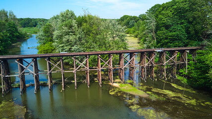 Fototapeta na wymiar Old wooden railroad train tracks across river