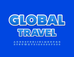Vector bright Logo Global Travel. Trendy Blue Font. Artistic Alphabet Letters and Numbers