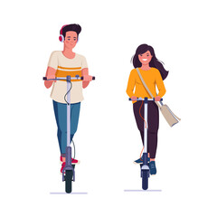 Young man and woman on electric push scooters. Couple on modern personal transport. Flat vector illustration