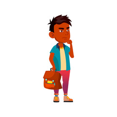thoughtful boy with school bag on educational lesson cartoon vector. thoughtful boy with school bag on educational lesson character. isolated flat cartoon illustration