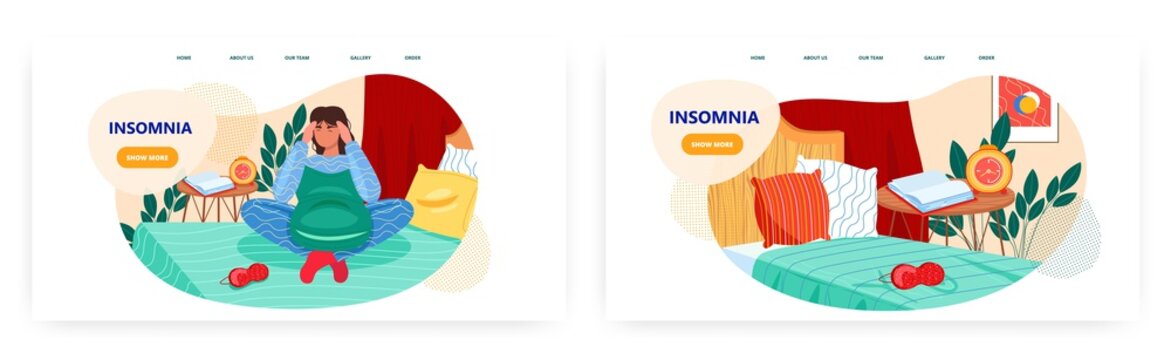 Insomnia landing page design, website banner vector template set. Sleepless girl sitting in bed. Sleep disorder.