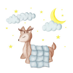 Clipart cute baby deer sleeping with gray blanket