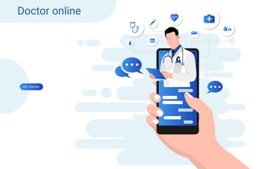 Online consultation doctor on mobile app with male doctor through the phone screen. Online medical clinic, tele medicine, Online healthcare and medical consultation, Digital health concept. 3D vector - obrazy, fototapety, plakaty