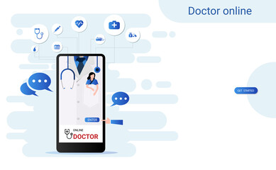 Online consultation doctor on smartphone app with Doctor and patient on screen. Online medical clinic, tele medicine, Online healthcare and medical consultation, Digital health concept. Vector - obrazy, fototapety, plakaty