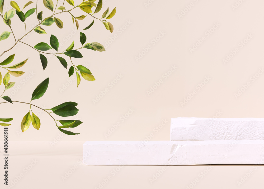 Poster abstract white podium and tree branch, pastel background for product presentation, object placement,