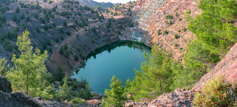 Ecosystem Restoration. Reforestation In Former Open Pit Mine Area, Panoramic View