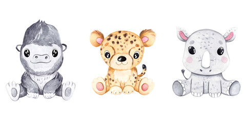 Watercolor hand-drawn illustration with cute baby gorilla, leopard and rhinoceros. Funny animal great for fabric and textile, wallpapers, backgrounds, kids wear design, baby shower invitation card