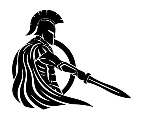 Spartan with sword and shield on white background. - 438662532