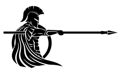 Spartan with spear and shield on white background. - 438662545