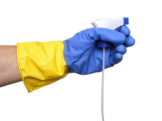 hand in a rubber glove holds a spray bottle. Isolated on white background.