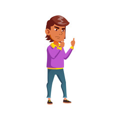 latino pre teen boy gesturing middle fingers pupil at school cartoon vector. latino pre teen boy gesturing middle fingers pupil at school character. isolated flat cartoon illustration