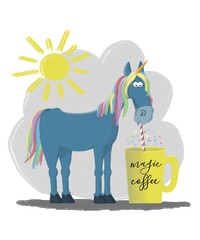 funny unicorn drinking magic coffee