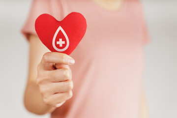 Woman hands holding red heart with blood donor sign. healthcare, medicine and blood donation...