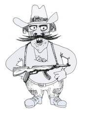 Gangster with a gun, funny cartoon character. A bandit from the high road.