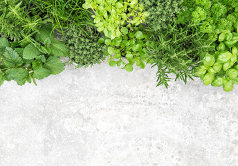 Fresh herbs Food background basil parsley rosemary thyme
