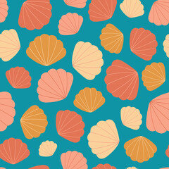 Fototapeta na wymiar Seamless pattern with seashells on blue background. Vector sea texture. For wallpaper, textiles, fabric, paper.