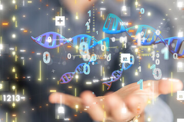 Abstract luminous DNA molecule. Hand of doctor touching and cut dna for checking with analysis chromosome DNA genetic of human on virtual interface. Medicine, Medical science and ... Mehr anzeigen.