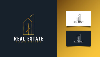 Minimalist Real Estate Logo with Line Style in Gold Gradient. Construction, Architecture, Building, or House Logo