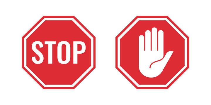Stop signs with stop word and the hand symbol isolated on white background. Vector illustration.