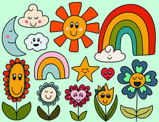 A Group of Smiling Flowers and Sky Characters who are Happy and Full of Life