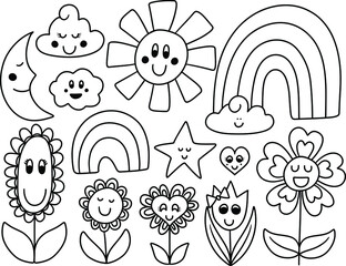 A Group of Smiling Flowers and Sky Characters who are Happy and Full of Life