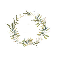 Green olive wreath circle frame. Hand drawn watercolor isolated illustration olive leaves for greeting, invite card. Text, wedding template