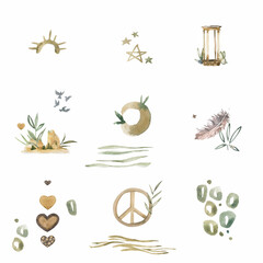 Cute Collection of peacful patterns. Geometric and peace gold decor elements. Trendy wedding, invite, backgrounds and logotypes. . Isolated.