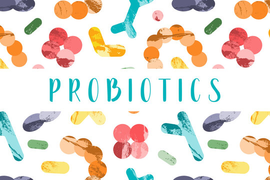 Probiotics. Lactic acid bacteria. Good microorganisms for gut and intestinal flora health. Microflora. Microbiome. Bifidobacterium, lactobacillus,  lactococcus, thermophilus streptococcus. Vector set