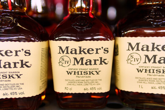 Tyumen, Russia-april 21, 2021: Makers Mark, A Popular Kentucky Straight Bourbon Whisky, On A Retail Store Shelf.