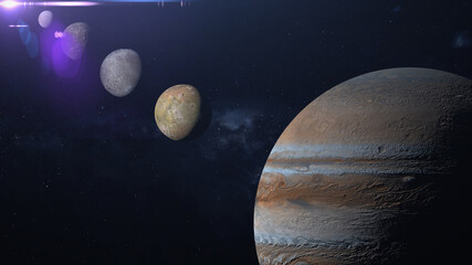 Jupiter  Close Opposition , planet jupiter and galilean moons io, ganymede, europa, callisto ,jupiter enters retrograde motion 3d illustration © SN