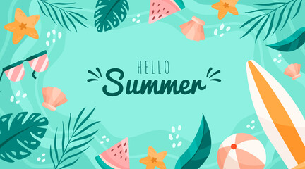 Hello Summer. Background with beach accessories and palm leaves.