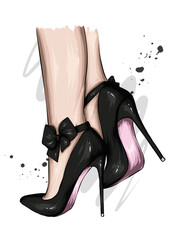 Women's legs in stylish high-heeled shoes. Fashion and style, clothing and accessories. Vector illustration. - 438667905