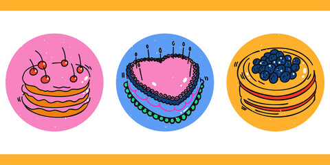 A set of three illustrations with delicious pastries. Sweet desserts for birthday and holidays. Round hand drawn delicious food icons for social media, cover design. Round cakes and heart shaped.