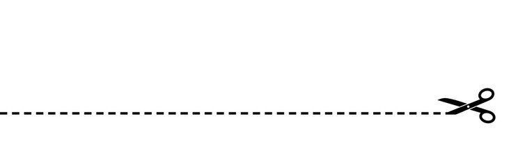 Scissor with dot line. Black scissors isolated on white background. Cut coupon. Snip ribbon. Separation element. Scissor with ribbon for design dash border page. Dotted outline on paper. Vector