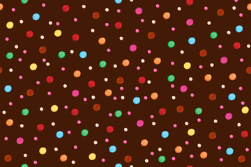 Seamless pattern with pastry sprinkles and dragees on a chocolate background.