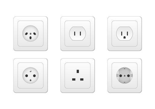 Electricity outlet socket types 3d, vector illustration