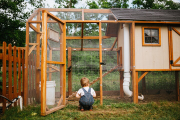 Toddler Crouching Down to Observe Chicken Coop © MeganBetteridge