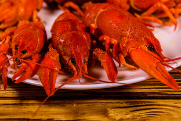 Plate with boiled crayfishes on wooden table