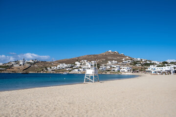 Fototapeta na wymiar Mykonos island, Cyclades. Greece. Ornos sandy beach, summer holidays concept