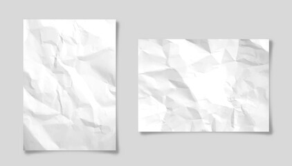 Realistic blank crumpled paper sheets in A4 size with shadow isolated on gray background. White notebook page. Design template, mockup. Vector illustration.