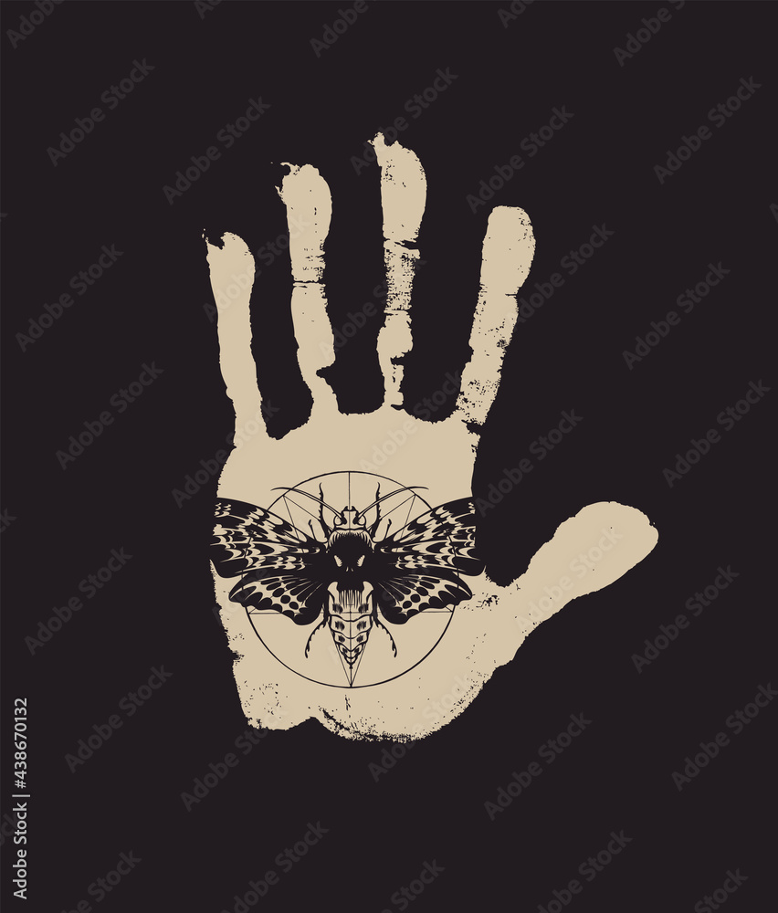 Wall mural Vector banner with a palm print on a black background in retro style. A human hand with an inverted pentagram and a scary butterfly with a skull - shaped pattern on the chest. T-shirt Design Template