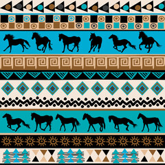 Tribal ethnic pattern with horses silhouettes and traditional symbols