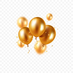 Realistic floating vector balloons isolated on transparent background. Design element gold colored balloons and glittering confetti for greeting card or party invitation. - obrazy, fototapety, plakaty