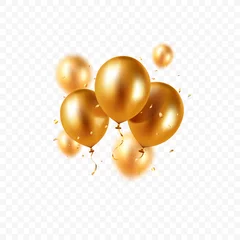Fotobehang Realistic floating vector balloons isolated on transparent background. Design element gold colored balloons and glittering confetti for greeting card or party invitation. © Dim Tik