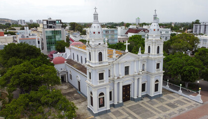 Fototapeta na wymiar Aerial shot of the Cathedral of Ponce, Our Lady of Guadalupe, Ponce, Puerto Rico