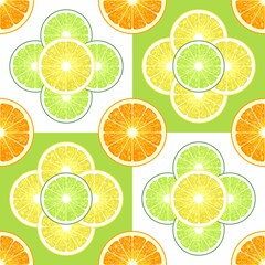 Obraz premium Fruit ornament for tiles. Seamless fruit pattern. Summer background for wrapping paper. Kitchen tiles. Oranges. Citrus slice. Juice. Vitamin. Tropical template. Artistic backdrop for design. Fresh.