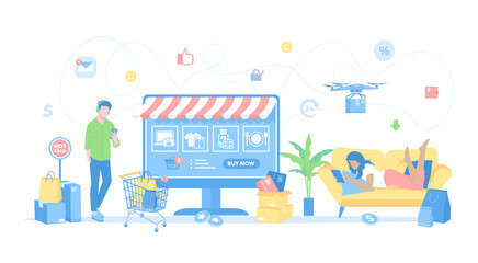 Online Store Shop. Internet virtual shopping. Woman buy things on the site, man makes an order via phone. Vector illustration flat style.