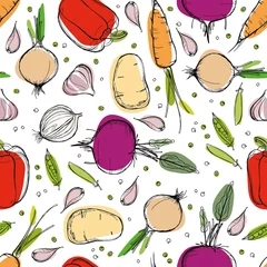 Gardinen Küche Muster  Organic food seamless pattern. Vegetarian healthy product vector texture. Decorative food repeated background. For farmers market, kitchen print, vegetables store, wallpaper, kitchen textile, wrapping  © Елена Кутузова